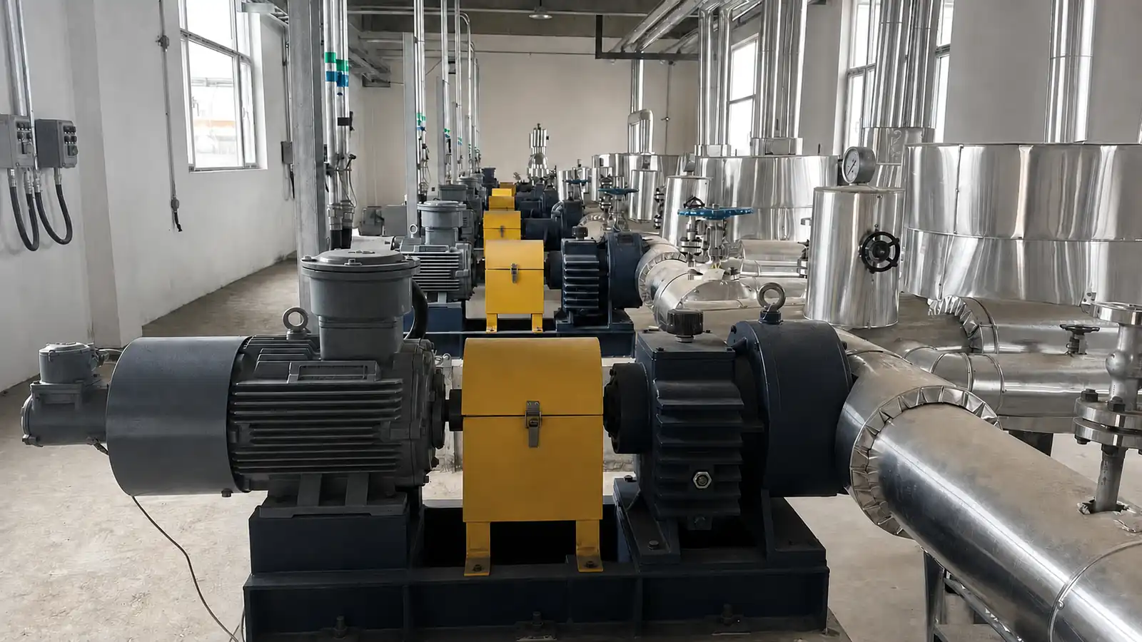 Process pump units with motors and piping