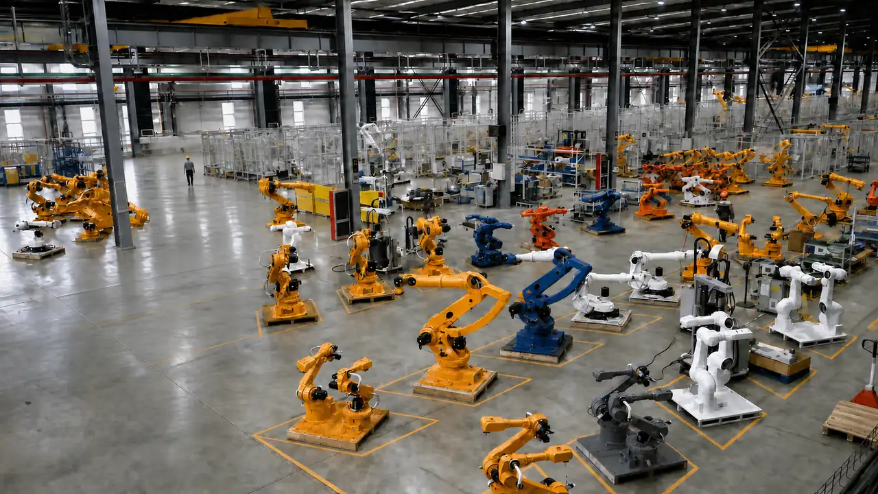 Industrial robots on a factory floor